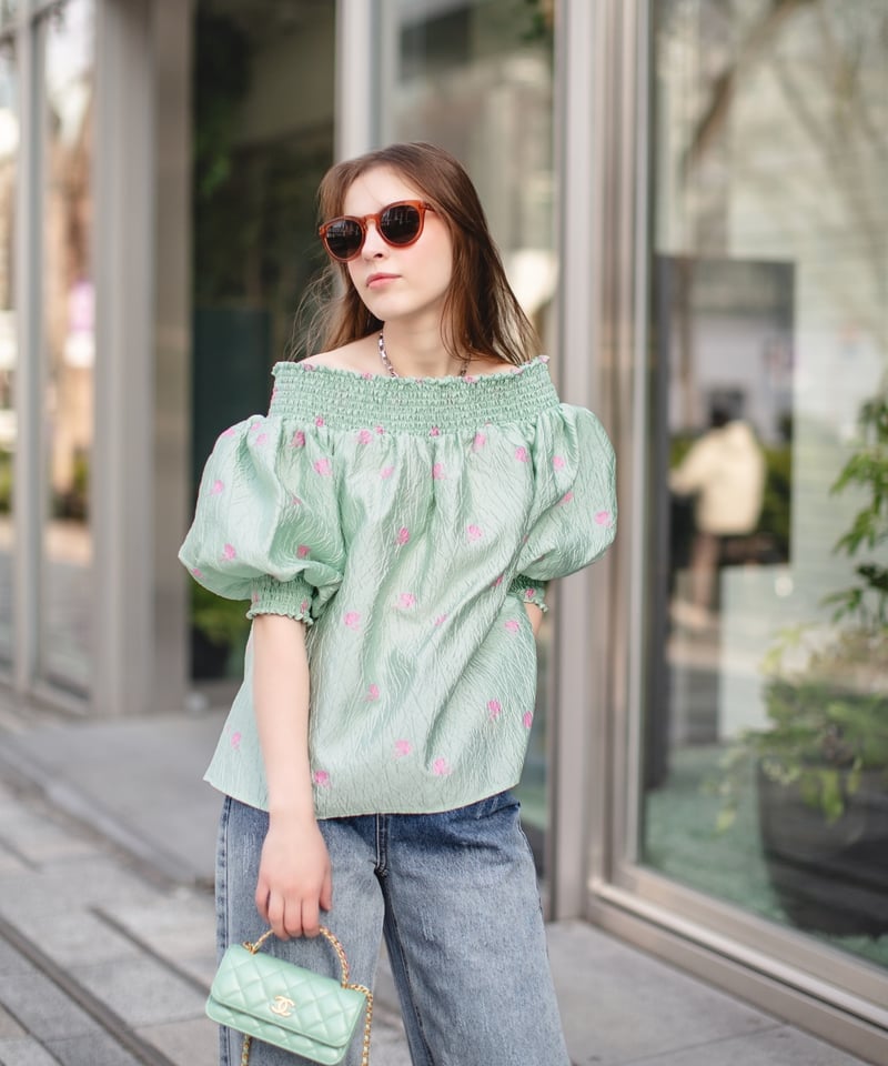 OHGA FLOWER BLOUSE ピンク ブラウス ジャガード OHGA FLOWER BLOUSE ピンクフラワーブラウスジャガード