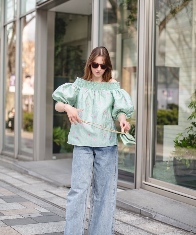 bluelea シルキージャガードブラウス　未使用　ミント Silky jacquard blouse | Bluelea