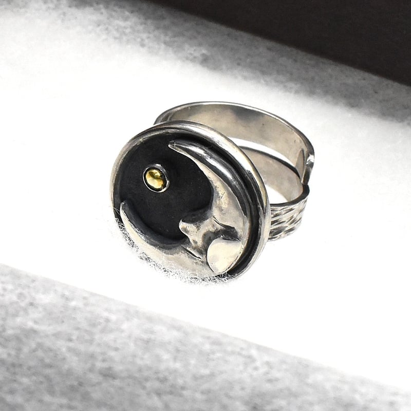 一点物シルバーアクセサリー お月様と金色の星 シルバーフリーリング