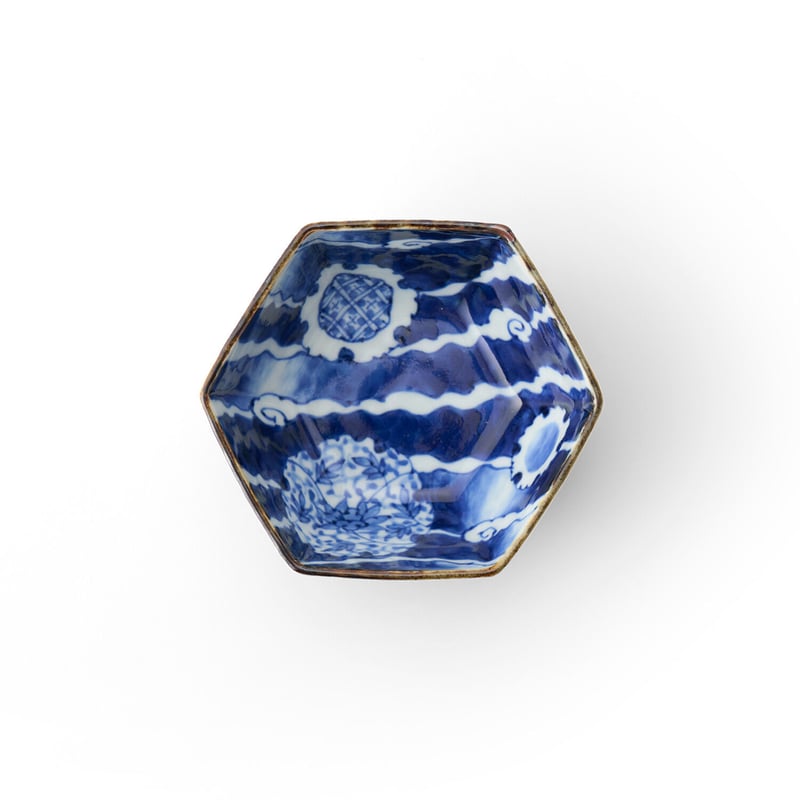 福泉 染付間取草花六角小鉢 5客セット サイズ12.5cm×11.4