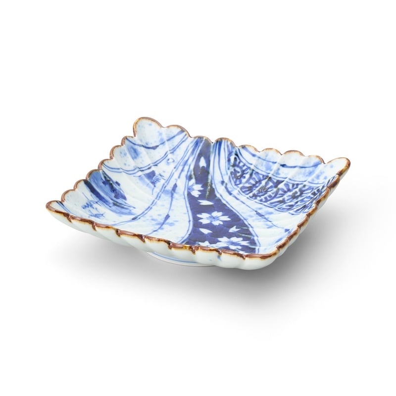 福泉窯 染付変り絵捻り絵菊割長角六寸皿 | 高級美術有田焼 柳屋