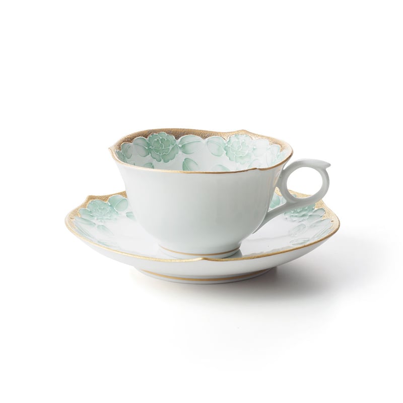 ゴールドローゼ（グリーン） −輪花− カップ＆ソーサー | 高級美術