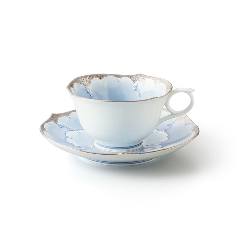 プラチナ牡丹（ブルー） −輪花− カップ＆ソーサー | 高級美術有田焼 柳屋