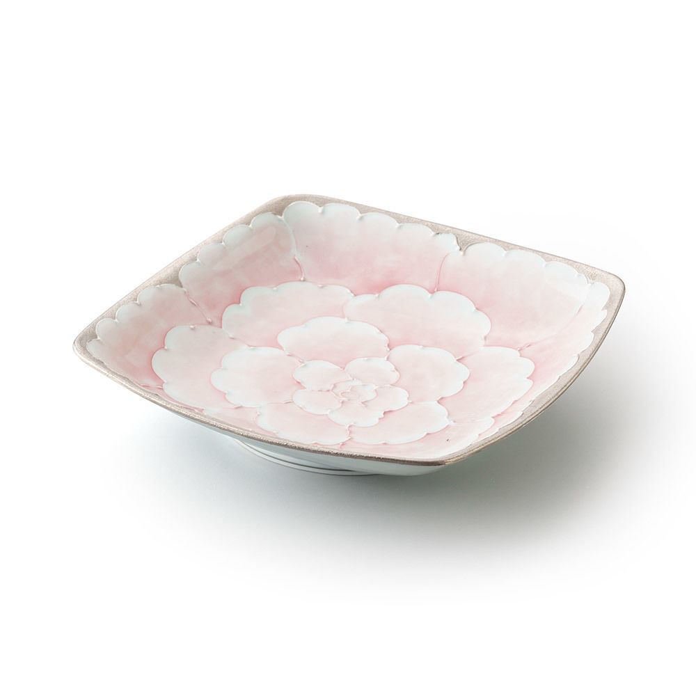 プラチナ牡丹（ピンク）四方皿 | 高級美術有田焼 柳屋