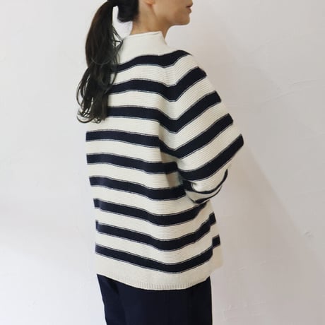 maomade マオメイド　エアーヤーンホールガーメントモックネックプルオーバー　#オフ白ｘネイビー、ネイビーｘブラウン