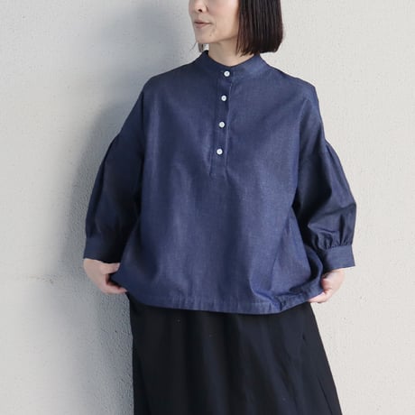 **再々入荷** LinenYa リネンヤ　5ozデニムスタンドカラーブラウス　#インディゴ