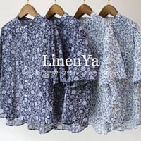 **再入荷**LinenYa リネンヤ　コットンボイルフラワープリントバンドカラー半袖シャツ　#ネイビー、ホワイト