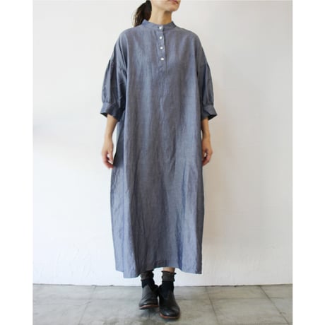 **再入荷**LinenYa リネンヤ　テンセルリネンスタンドカラーワンピース　#シャンブレー