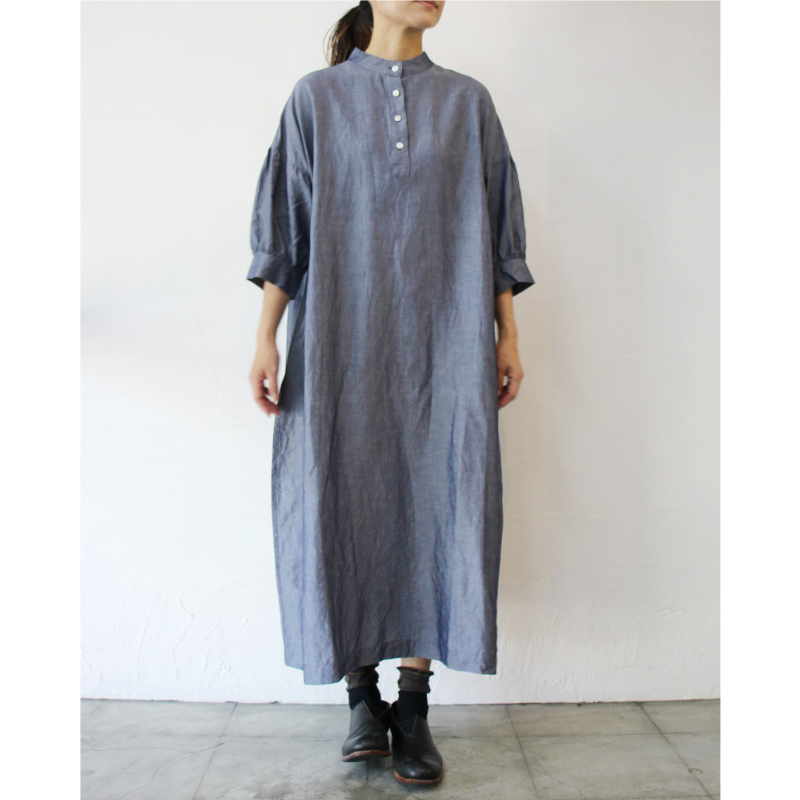 再入荷**LinenYa リネンヤ テンセルリネンスタンドカラーワンピース