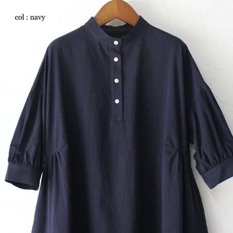 **またまた再入荷** LinenYa リネンヤ　コットンリネンラミースタンドカラーワンピース　#スミクロ、ネイビー