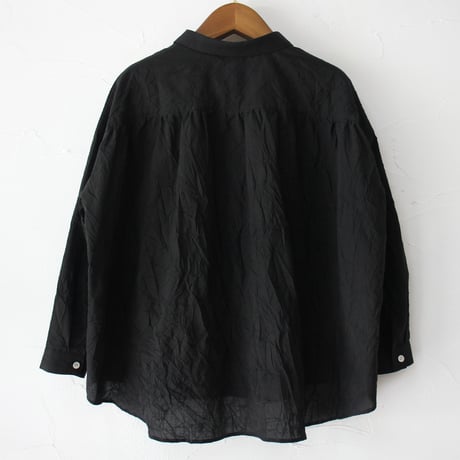 **再入荷** Linenya リネンヤ　コットンシワ加工丸襟長袖ブラウス　#カーキ、ブラック