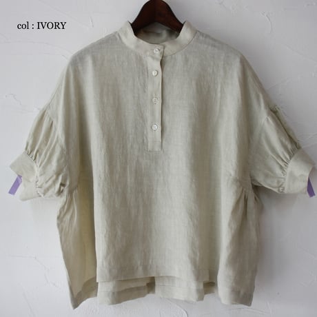 **またまたまた再入荷**LinenYa リネンヤ　リネン半袖スタンドカラーブラウス　#アイボリー、ライトグレー、ブラック
