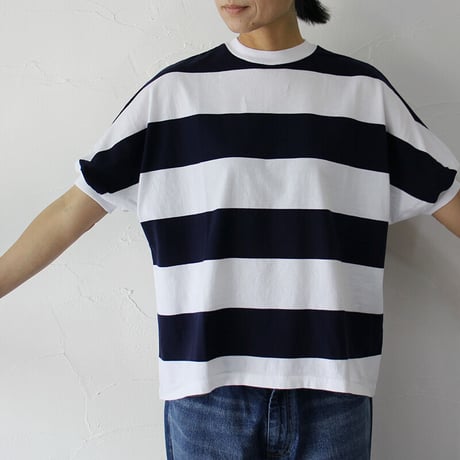 **再入荷**  homspun ホームスパン　60/2天竺太ボーダー半袖プルオーバー　#サラシｘネイビー、生成りｘブラック　【レターパック発送】