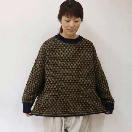 homspun ホームスパン　ウール鹿の子編みBIGプルオーバー（222-7885）　#ネイビーｘベージュ、グレーｘオレンジ　【送料無料】
