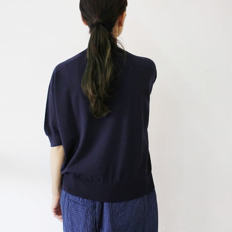 **またまたまた再入荷** LinenYa リネンヤ as it is.  コットンモックネック5分袖ニット　#ネイビー、ブラック、ホワイト