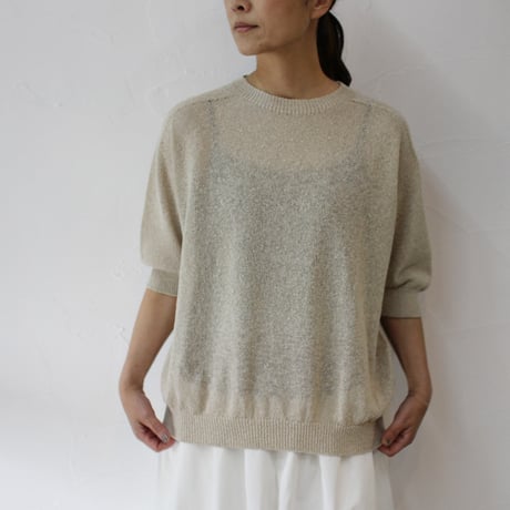**再入荷** LinenYa リネンヤ as it is. 和紙混クルーネック半袖ニット　#ブラック、ベージュ