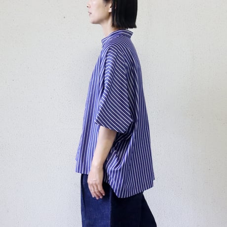 **またまたまた再入荷** LinenYa リネンヤ　コットンストライプヘンリーネックブラウス　#ネイビー、ホワイト