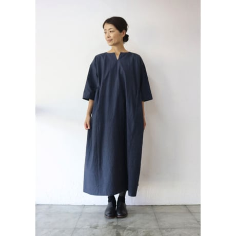 Linenya リネンヤ　スリットネックワンピース　#ライトグレー、ネイビー