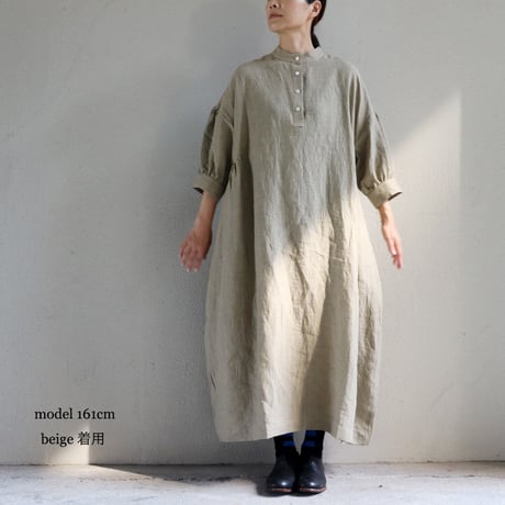 **またまたまた再入荷** LinenYa リネンヤ　リネンスタンドカラーワンピース　#ブラック、ネイビー、ベージュ、チャコール　【送料無料】