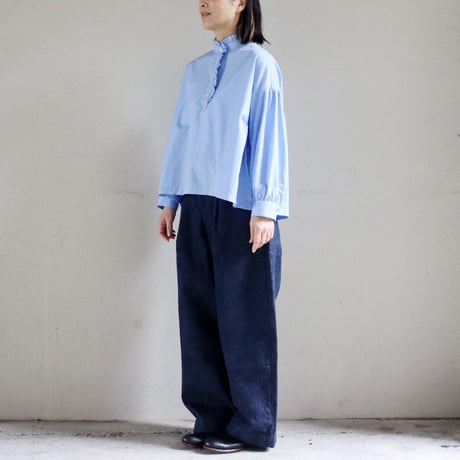 **再入荷** Linenya リネンヤ　コットンフリル長袖ブラウス　#ホワイト、ライトブルー、ネイビー、千鳥