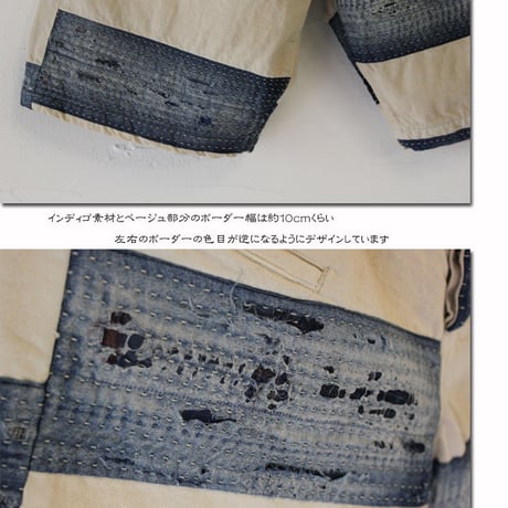 FUNSET OF ART ファンセットオブアート　ボーダー刺し子BOROダメージハリーショートパンツ　♯ベージュｘインディゴ　【送料無料】