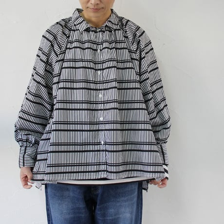ARTE POVERA アルテポーヴェラ　タイプライターストライプ＆プリントMIXギャザリングシャツ　#ブラック