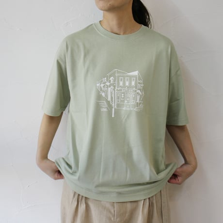 amne アンヌ　Tシャツ　ブティック柄半袖Tシャツ　#ホワイト、セージ、ネイビー