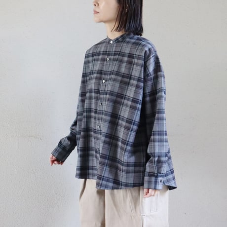 TRAVAIL MANUEL トロチェックバンドカラー長袖シャツ　#ネイビー、グレー　【送料無料】