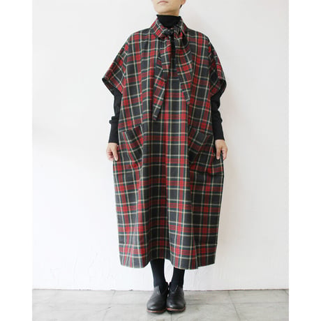 homspun ホームスパン　ウールタータンワンピース　#ベージュｘサックス、チャコールｘレッド