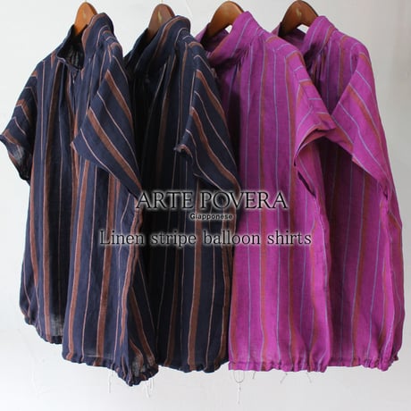 ARTE POVERA アルテポーヴェラ　リネンストライプバルーンシャツ　#パープルピンク、ネイビー