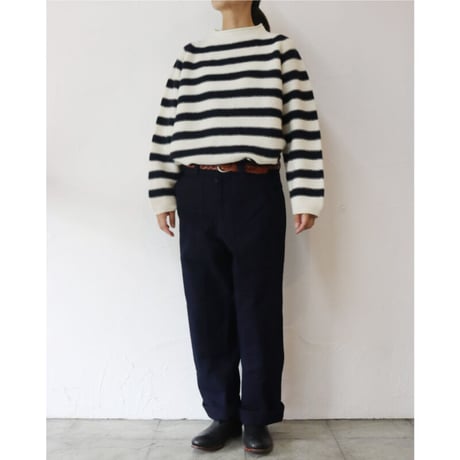 maomade マオメイド　エアーヤーンホールガーメントモックネックプルオーバー　#オフ白ｘネイビー、ネイビーｘブラウン