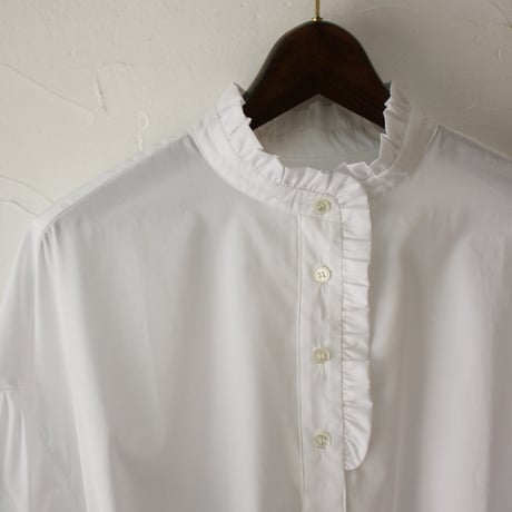 **再入荷** Linenya リネンヤ　コットンフリル長袖ブラウス　#ホワイト、ライトブルー、ネイビー、千鳥