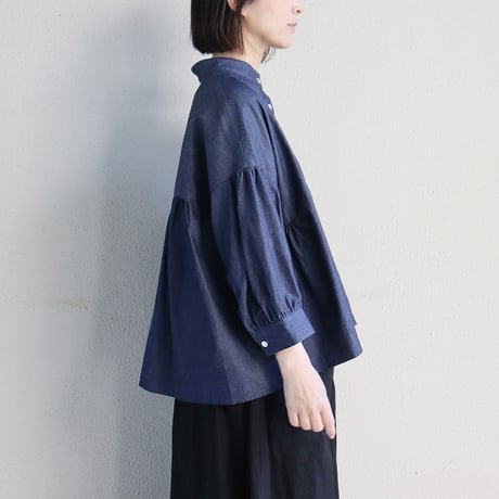 **再々入荷** LinenYa リネンヤ　5ozデニムスタンドカラーブラウス　#インディゴ