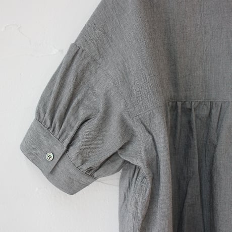 **またまた再入荷** Linenya リネンヤ　オーガニックコットン半袖スタンドカラーブラウス　#千鳥格子　【送料無料】