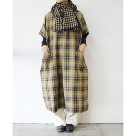 homspun ホームスパン　ウールタータンワンピース　#ベージュｘサックス、チャコールｘレッド