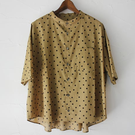 **またまたまた再入荷** Linenya リネンヤ　ロイヤルローンポルカドットバンドカラー半袖シャツ　#シナモン、サンド　【送料無料】