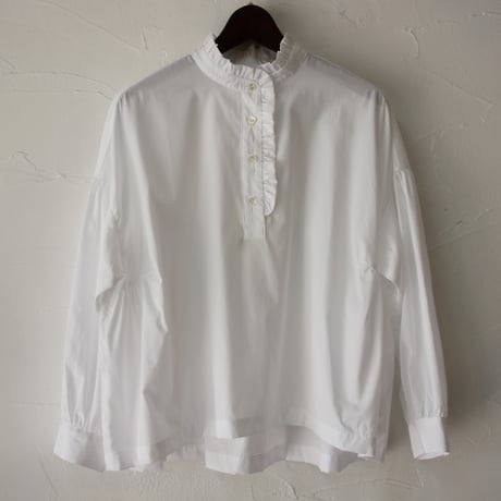 **再入荷** Linenya リネンヤ　コットンフリル長袖ブラウス　#ホワイト、ライトブルー、ネイビー、千鳥