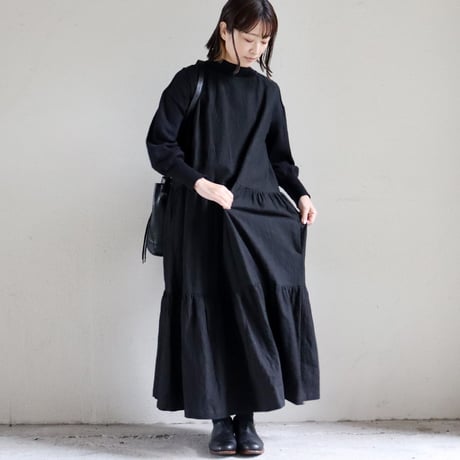 **再々入荷** Linenya リネンヤ　コットンリネンティアードワンピース（厚地）　#ブラック　【送料無料】