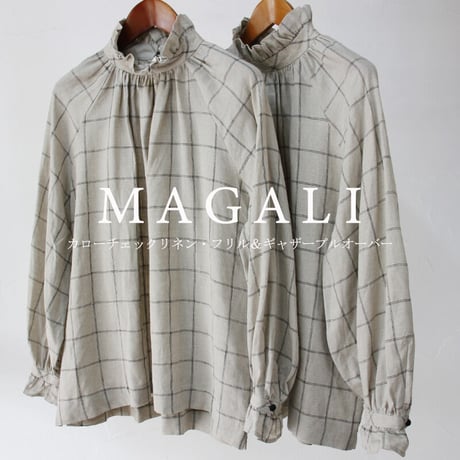 MAGALI マガリ　カローチェックリネン・フリル＆ギャザープルオーバー 　＃ブラック×ベージュ