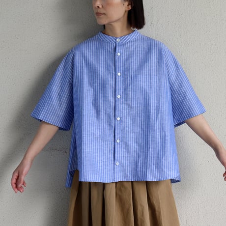 **またまた再入荷** LinenYa リネンヤ　綿麻ストライプバンドカラー半袖シャツ　#ブルー、ピンク