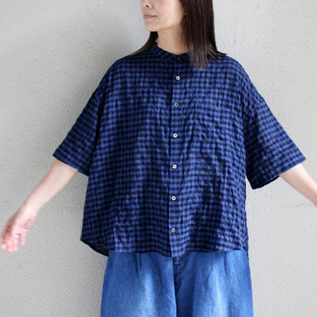 **パープルｘホワイト再生産** Linenya リネンヤ　コットンレーヨンギンガムチェックバンドカラー半袖シャツ　【送料無料】
