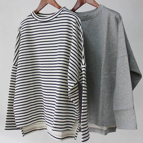 Linenya リネンヤ　ロッカク長袖Tシャツ　#ガーゼボーダー、ミニ裏毛グレー