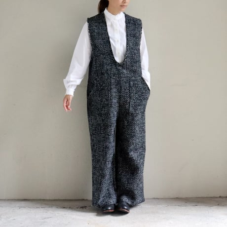 **再入荷** KAH:KI カーキ TWEED OVERALLS ツイードオーバーオール　#ブラック　【送料無料】