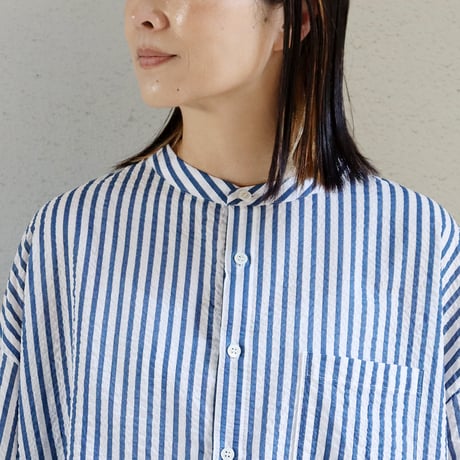 **またまた再々入荷** Linenya リネンヤ　コットンバンドカラーブラウス　#ストライプブルー　【送料無料】