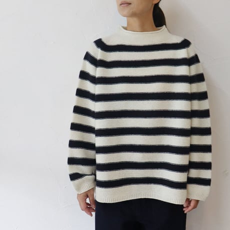 maomade マオメイド　エアーヤーンホールガーメントモックネックプルオーバー　#オフ白ｘネイビー、ネイビーｘブラウン