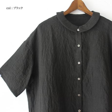Linneya リネンヤ　リネンフラットカラー半袖ブラウス　#ブラック、モカ、ライトグレー