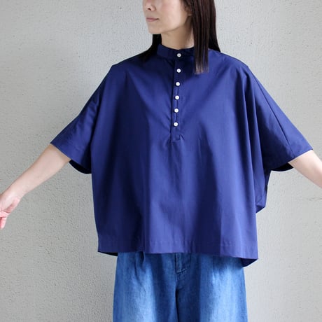 Linneya リネンヤ　コットンタイプライターヘンリーネックブラウス　#ネイビー　【送料無料】