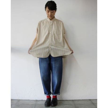 ARTE POVERA アルテポーヴェラ　タイプライターストライプフレンチスタンドシャツ　#白、ベージュ