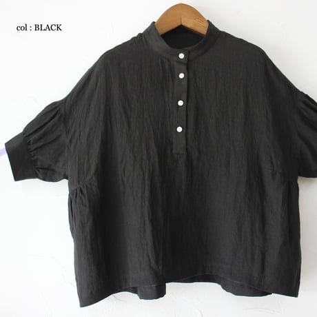 **またまたまた再入荷**LinenYa リネンヤ　リネン半袖スタンドカラーブラウス　#アイボリー、ライトグレー、ブラック