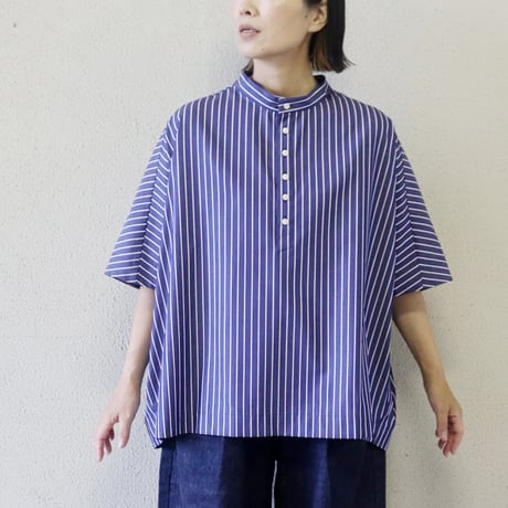 **またまたまた再入荷** LinenYa リネンヤ　コットンストライプヘンリーネックブラウス　#ネイビー、ホワイト
